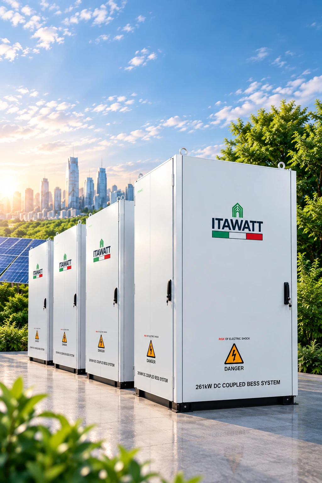 ITAWATT Force 261kW DC coupled BESS cabinets installed near solar panels with a modern city skyline in the background.